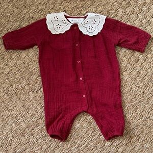 H&M Adorables Burgundy Baby Footie with Eyelet Lace Collar